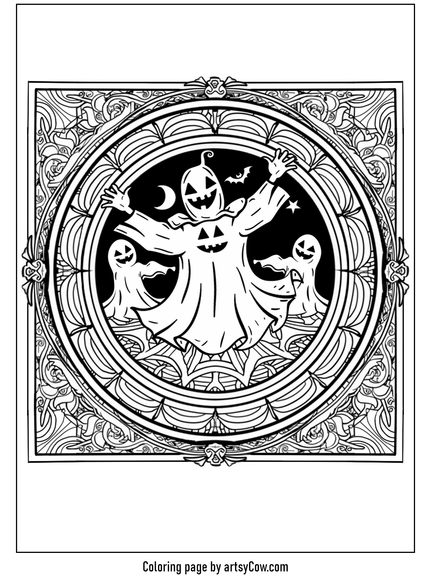 halloween ghost mandala depicting a spirited dance of ghosts within an intricate mandala design